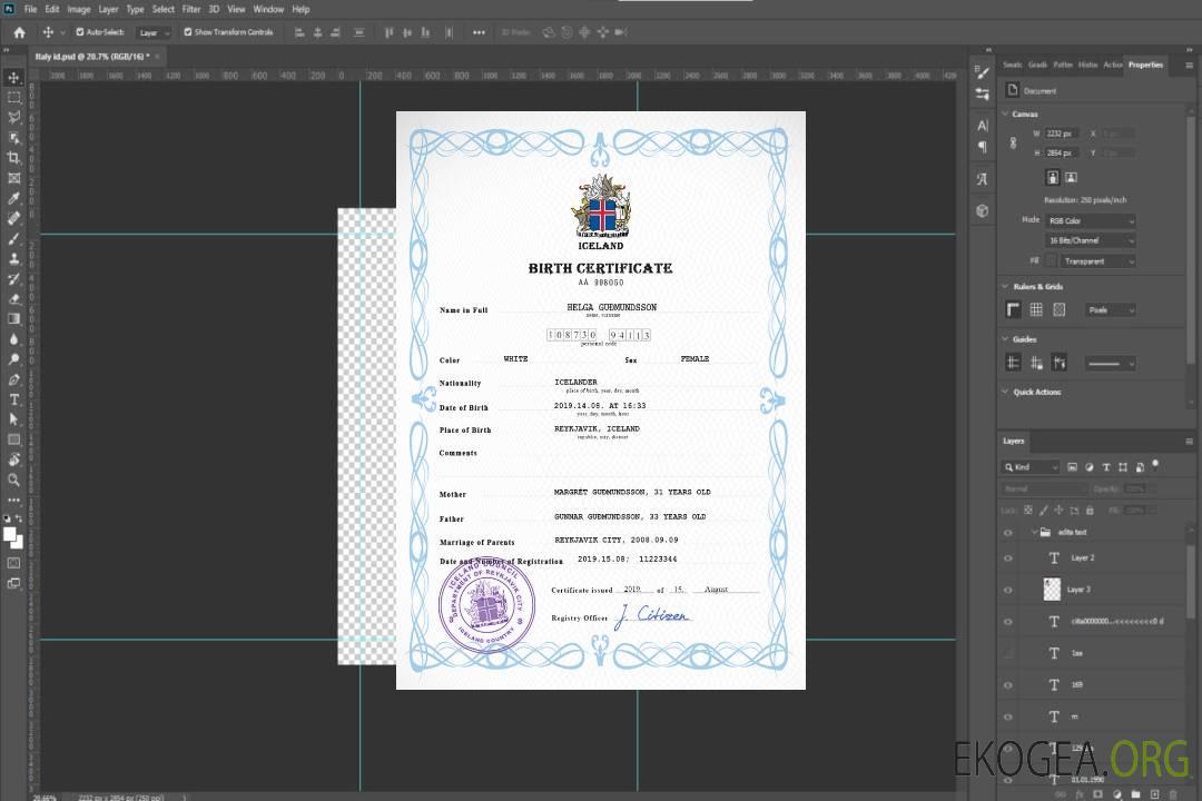 Modèle PSD de certificat de naissance d'état civil d'Islande template